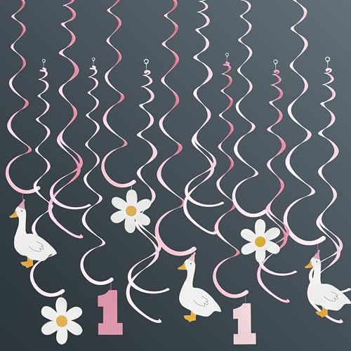 Image of 24Pcs Pink One Silly Goose Hanging Swirl Decorations Daisy Felt Swirl Streamer Spiral Ceiling Garland for Silly Goose Themed First Birthday Happy 1st Birthday Party Supplies
