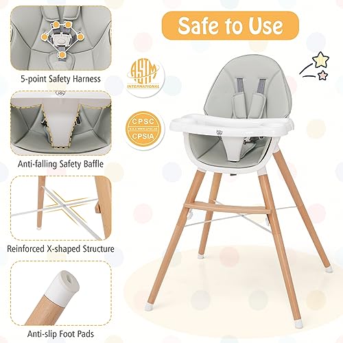 Image of BABY JOY Baby High Chair, Wooden High Chair for Babies & Toddlers with Dishwasher Safe Double Removable Tray, Infant Feeding Chair with 5-Point Safety Harness & Detachable PU Seat Cushion (Gray)