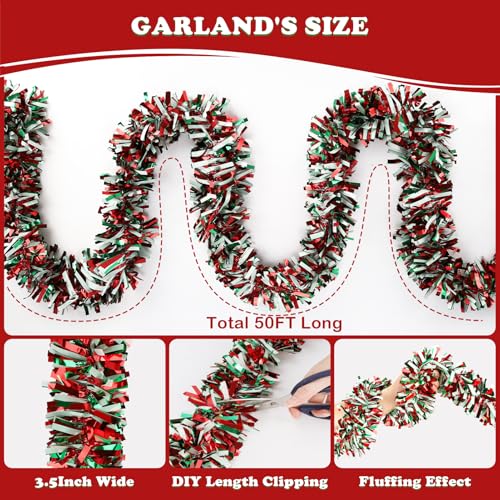 Image of 50FT Christmas Tinsel Garland, Red Green&White Metallic Twist Shiny Hanging Garland Ornaments for Christmas Tree, Party Supplies Thick Metallic Xmas Streamers