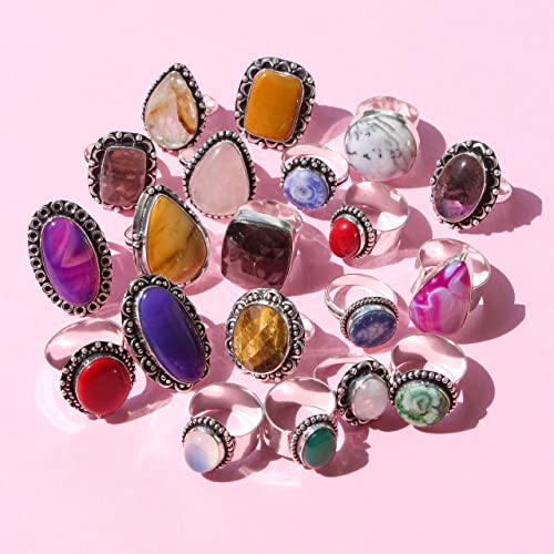 Image of Carats Chunky Silver Rings Pack for Women - 10 Pcs - Stackable Fashion Ring Set, Silver Plated Statement Knuckle Handmade Gemstone Gothic Vintage Rings for Women