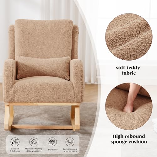 Image of HCHAIRH Rocking Chair Nursery, Boucle Nursing Rocking Chairs, Upholstered Nursery Glider Rocker Wingback Morden Rocking Chair with Lumbar Pillow for Mom Nursery, Living Room, Bedroom, Teddy Khaki