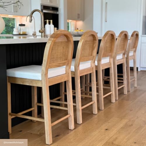 Image of Nathan James Bailey Upholstered Rattan Bar Stool in Oak Finish Frame, Counter Height Stool with Natural Rattan Woven Back For Kitchen Island, Brown, Set of 2