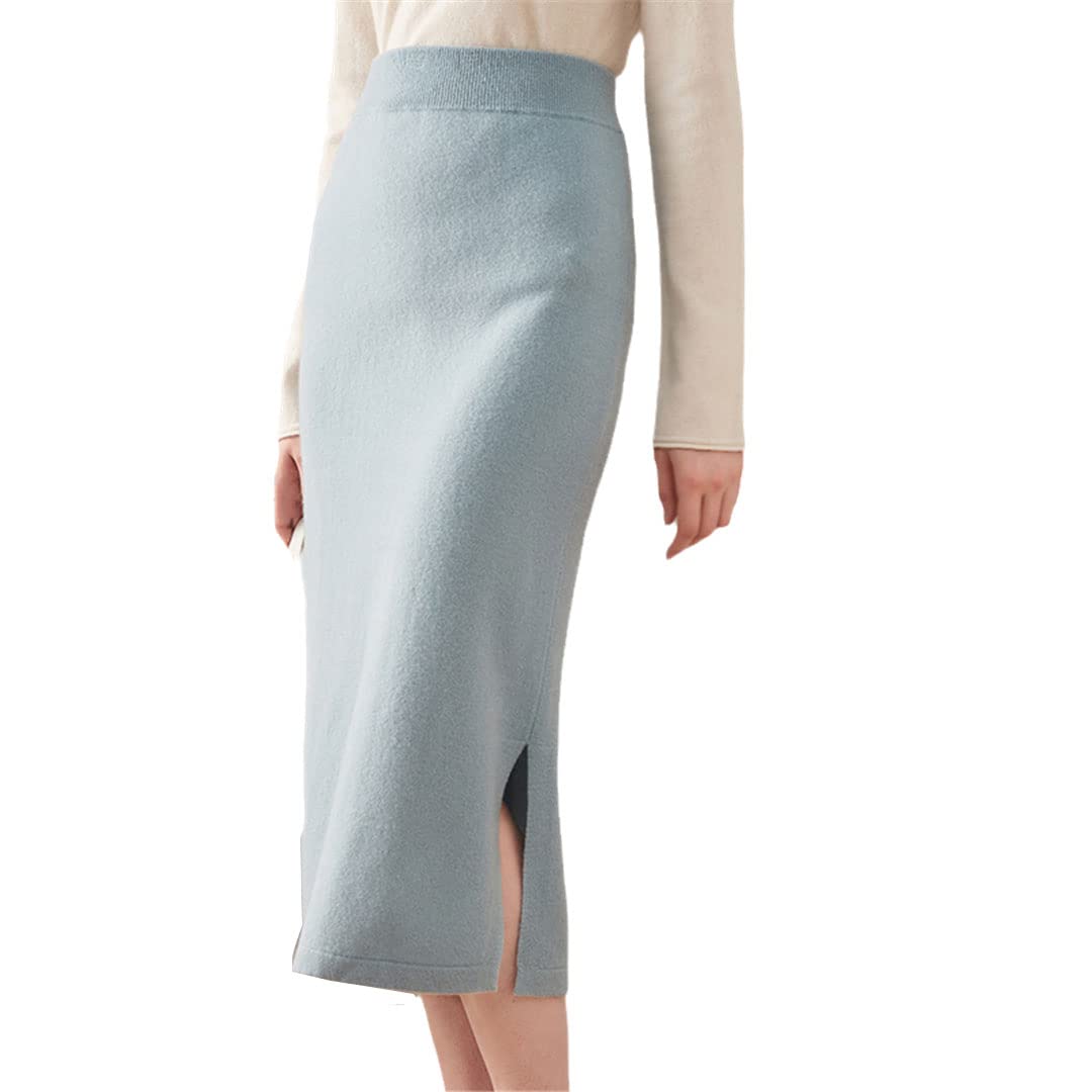 Falda de Lana Dividida para Mujer, Falda de Punto de Cintura Alta, Falda de Cachemira Lisa de un Solo Paso, Falda Cruzada hasta la Cadera, otoño/Invierno (Azul Cielo XL)