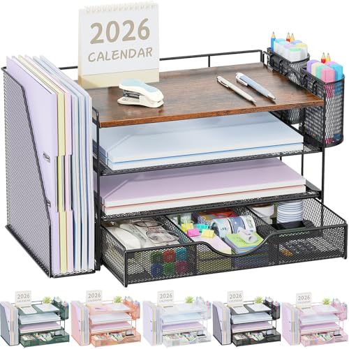 Image of gianotter Desk Organizers and Accessories with File Holder, 4-Tier Desk Accessories & Workspace Organizers with Drawer and 2 Pen Holder, Paper Organizer for Office Supplies (Wood)
