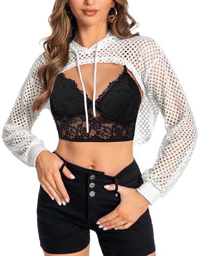 Women Mesh Crop Top Hoodie Fishnet See Through Long Sleeve Shirt Sheer Blouse for Club Party