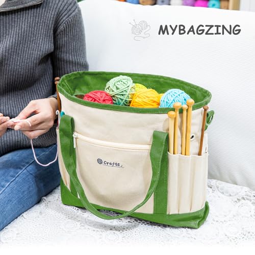 Image of MYBAGZING Canvas Yarn Storage Organizer Bag Washable Crochet Bag with Pockets for Yarn, Hooks, Needles - Travel Knitting Tote for Crafters - Gift for Crocheters & Knitters (Medium /Large)