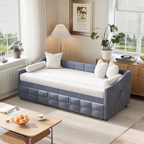 SUNFECILI Sofá Cama tapizado de 90x200 cm, diván Extensible con función extraíble, sofácama Extensible con Cama extraíble y Base de láminas de Madera, Cama/diván para Invitados, sin colchón (Gris-B)