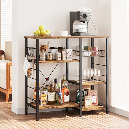 IRONCK Industrial Kitchen Baker’s Rack, Kitchen Island Utility Storage Shelf, Coffee Bar Microwave Stand with 6 Hooks, Metal Frame, Simple Assembly, Vintage Brown - Image 5