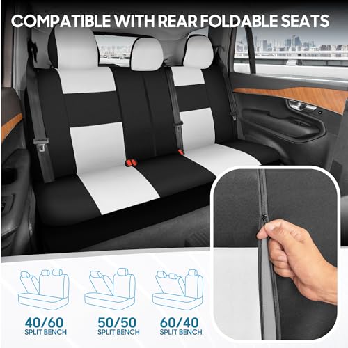 Image of BDK PolyPro Car Seat Covers Full Set in White on Black, Front and Rear Split Bench Seat Covers for Cars, Car Seats Cover Set and Accessories for Auto Trucks Van SUV - White