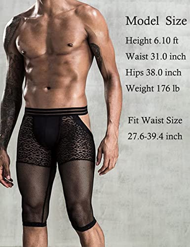 Men Sexy Butt-Flaunting Long Boxer Underwear Low Rise Black Leopard Bottomless Gay Underpants Backless Men Knee-Length Leggings with Breathable Mesh Lace3