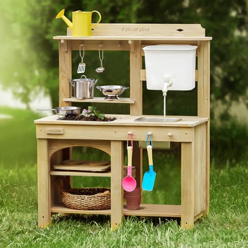 Tiny Land Outdoor Mud Kitchen for Kids, Wooden Play Kitchen with Water Tank, Water Play, Cooking, & Sensory Fun, Durable & Weather-Resistant Design with Storage, Gift for Ages 3+