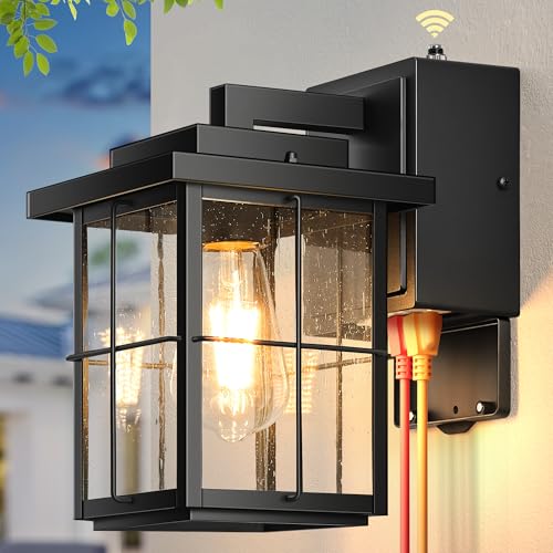 Image of Gleamz Outdoor Wall Light Dusk to Dawn, Black Front Porch Light with GFCI Outlet, Modern Exterior Lighting Fixtures with Outlet, Exterior Wall Sconce Wall Mount, Outside Lantern Lights with E26 Sockt