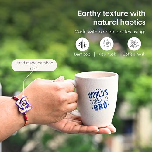 Image of Eha Earth Friendly Rakshabandhan Gift Made with Rice Husk| 300 ml, Set of 1 | Includes 1 Printed Coffee Mug, Coaster,Keychain & Bamboo Rakhi| Rakhi Set for Brother | Rakshabandhan gift for Brother