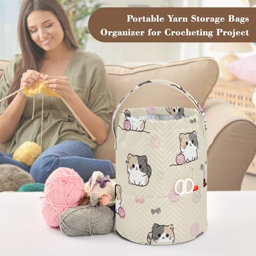 Image of Tatenale Crochet Bag Yarn Bag Knitting Project Bag with Pockets and Handle Portable Yarn Storage Organizer Tangle Free 8.3x11 Inch Cats Cute