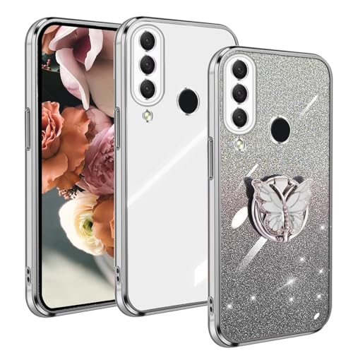 WOWUDI Cover Glitterata per Huawei P30 Lite,Ultra Sottile Brillantini Anello Supporto Ragazza CustodiaScintillante Farfalla Holder Cover per Huawei P30 Lite- Argento