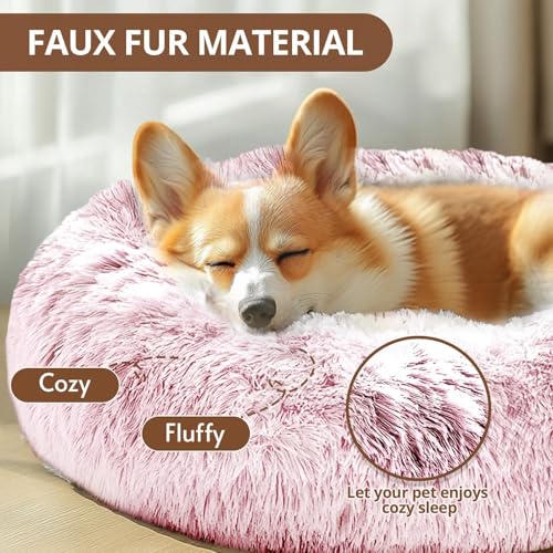 Image of JOLLYVOGUE Calming Dog Beds Large Sized Dog, 36in Donut Washable Large Pet Bed, Anti-Slip & Anti-Anxiety Fluffy Faux Fur Round Dogs Bed, Fits up to 80 lbs Pets (Smoke Pink)