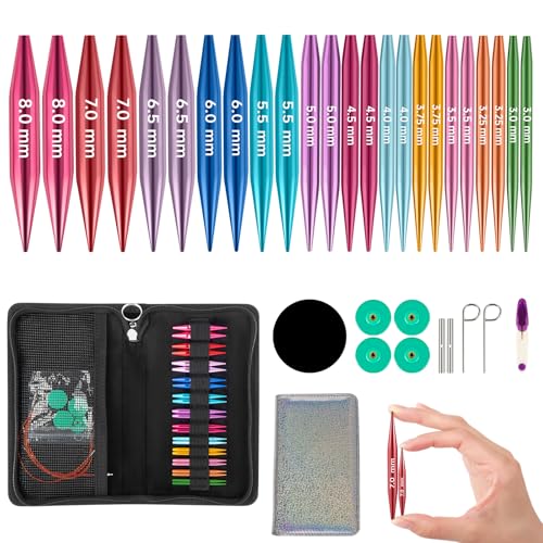 Circular Knitting Needles Set Short Interchangeable Knitting Needles Set 2-Inch Shorties Circular Knitting Needles for Sock with Case 3.0~8.0mm (12 Pairs)
