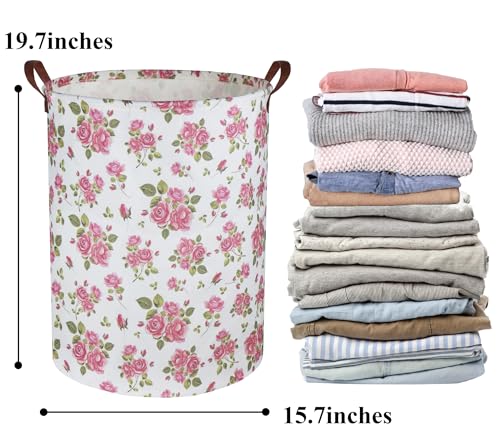 Image of Roses Pink Laundry Basket Baby Girls Laundry Hamper Kids Toy Storage Bins Organizer Gift Basket Pink Rose Bedroom Decor Bathroom(Pink Rose)