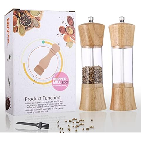 UIEEGPG Salt and Pepper Mill Set(Pack of 2 Mills), Wooden Salt and Pepper Grinders, Salt and Pepper Shakers with Acrylic Visible Window, Ceramic Grinding Core, (6inch, Beige) Cover