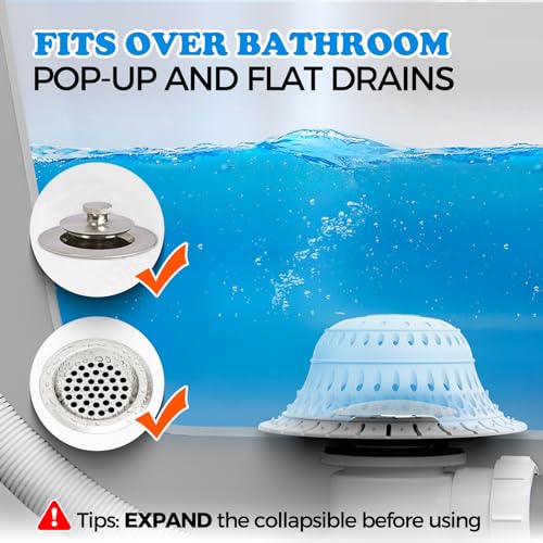Image of zaa 5 Pcs Bathtub & Shower Drain Hair Catcher, 2 Pack Silicone Collapsible Drain Protector and Drain Cover with 3 Snake Drain Clog Removers, for Pop-Up and Regular Drains of Tub, Shower, Bathroom