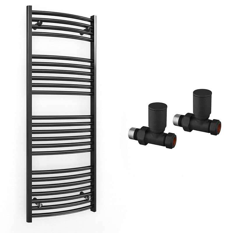 500mm Wide Curved Black Radiator Bathroom Towel Rail Radiator For Central Heating Bathroom Heated Towel Rail (500 x 1200 mm (h), With Black Straight Valves)