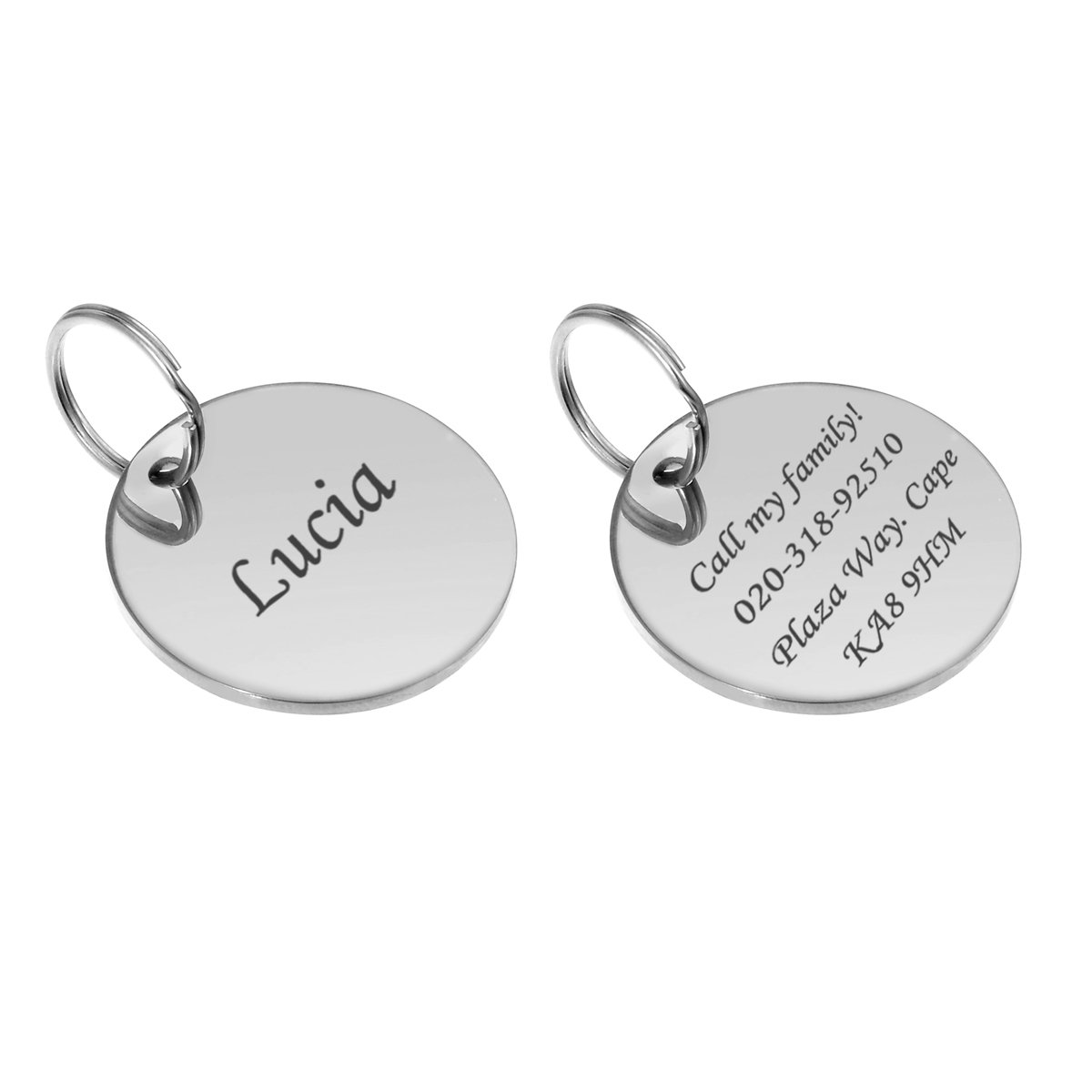 Valyria Personalised Engraved 30mm Glossy Stainless Steel Dog Cat Pet ID Tag Disc, Round, Silver