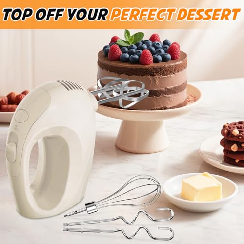 Image of Showvigor Electric Hand Mixer with 5 Stainless Steel Whisks,5 Speed,Ivory