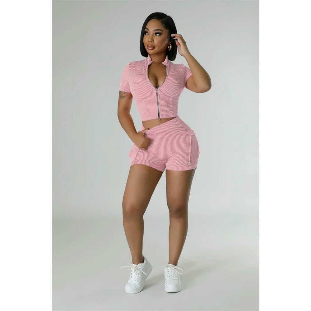 NYSDM Sporty Fitness Dres Damski Dwuczęściowy Zestaw Letni Dzianinowy Prążkowany Zamek Błyskawiczny Krótki Top Szorty Casual Ćwiczenia Siłownia Joga Zestawy