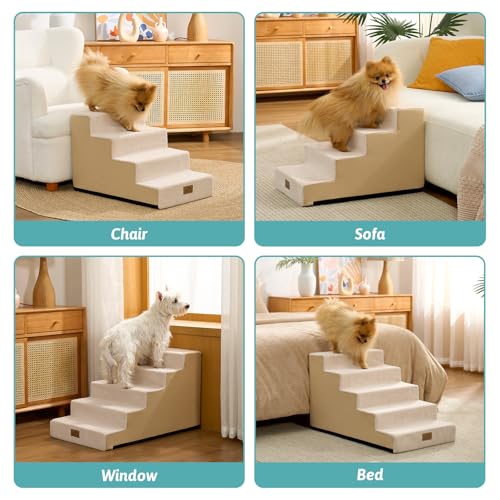 Image of COZY KISS Dog Stairs for Small Dogs 17.7 inch H, 5-Step Gentle Incline Pet Step for Couch and Beds, Right-Angle Dog Ramp for Puppy Doggie Senior Cats, 17.7x29.5x17.7 Inch, Beige