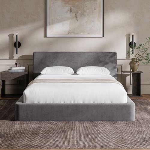 Image of RECCI AirFrame Queen Bed Frame with Ergonomic Angled Foam Cushioned Headboard, Minimalist Design Platform Bed Frame, No Box Spring Needed, Easy Assembly (Moon Grey)