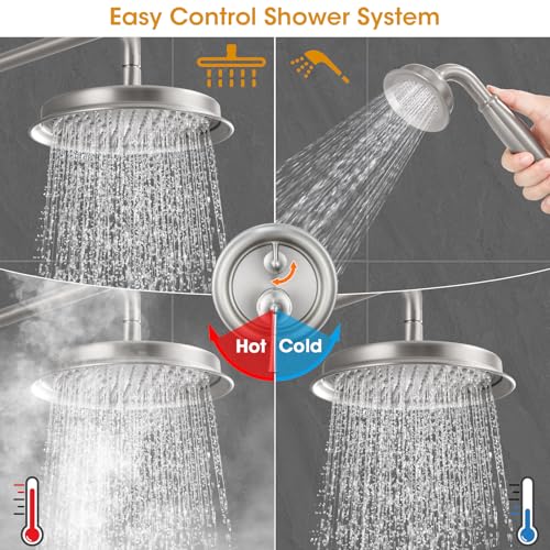 Image of Antique Shower Head with Handheld Spray Combo, Brushed Nickel Rain Shower System with Rough-in Balance Pressure Valve, 9 inch Bathroom Luxury Rain Fall Shower Head Wall Mount Round, (B2312-BN)