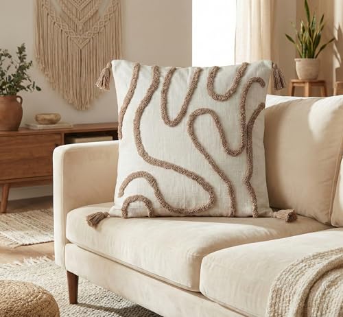 Image of Furnistitchs Handmade Cotton Bohemian Home Decor Cushion Cover 24x24 inches / 60x60 cms - Boho Chic Couch Sofa Throw Living Room Bedroom Cushions (1, Brown Thread)