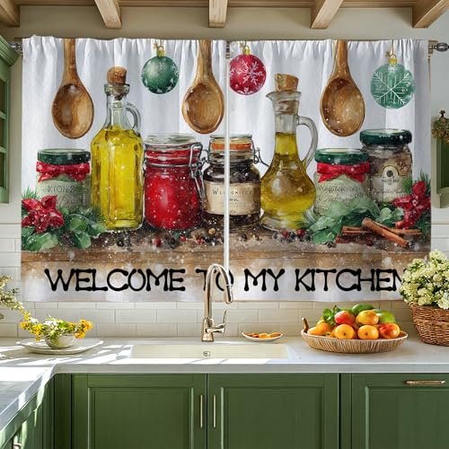 Cortinas de cocina estilo rústico estilo rústico con frasco de Navidad, cortinas cortas para ventanas, decoración de ventana para comedor, desayuno, rincón, fregadero, área de 42 x 45 pulgadas