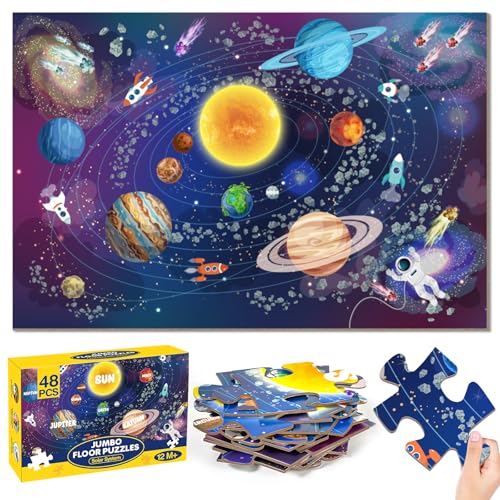 Jumbo Floor Puzzle for Kids Ages 4-6, 48 Piece Large Solar System Jigsaw Puzzle, Extra-Thick Cardboard Preschool Learning Toys for Toddlers 3-5, Educational Gift for Boys Girls 3 4 5 6 7 8
