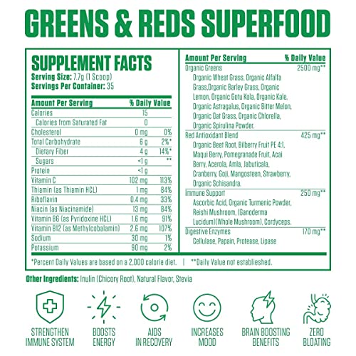 Immuno Greens Powder | #1 Rated Organic Reds & Greens Superfood With Antioxidants, Digestive Enzymes, Immune Support | Spirulina, Wheat Grass & More (Vegan, Keto Friendly, Gluten Free) 35 Servings #TOP1