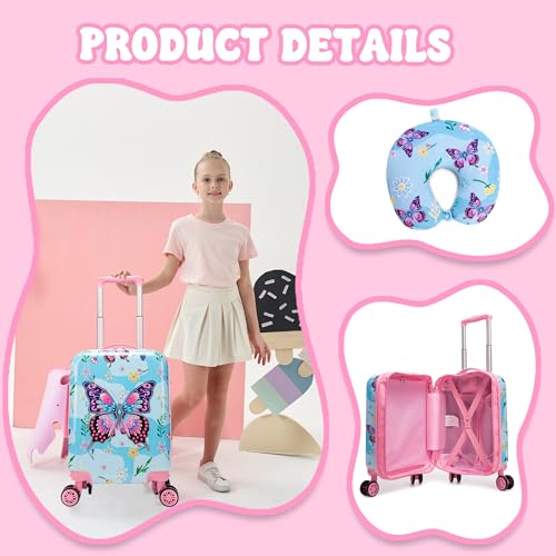 Image of Kids Luggage Sets 2 Piece Rolling Suitcases with Wheels for Girls Hardshell Toddler Suitcase Set with Neck Pillow Airplane 16 Inch Kids' Carry on Luggage Blue Butterfly
