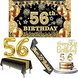 56th Birthday Decorations Men Women with 56th Birthday Banner, Black and Gold Table Cloth, Number Balloons, Large Sash, Cake Topper and Candles