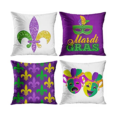rouihot Set of 4 Throw Pillow Covers Mardi Gras Fleur De Lis 18x18 Inches Home Decor Square Pillowcases Cushion Covers for Bed Sofa Bar Wedding Couch Family
