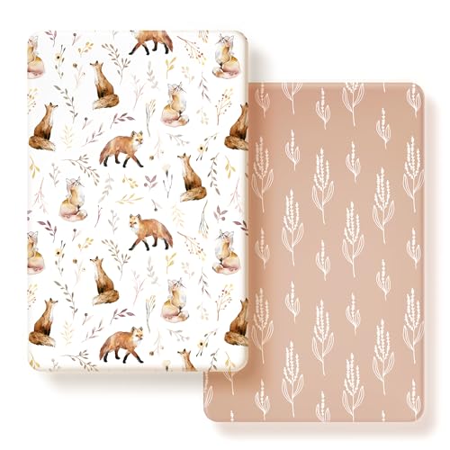 Image of GRSSDER Stretchy Ultra Soft Jersey Knit Fitted Pack n Play Sheets Set 2 Pack, Universal Fit Portable/Mini Crib, Playards Mattress Pads Safe and Snug, Pretty Fox for Baby Girls