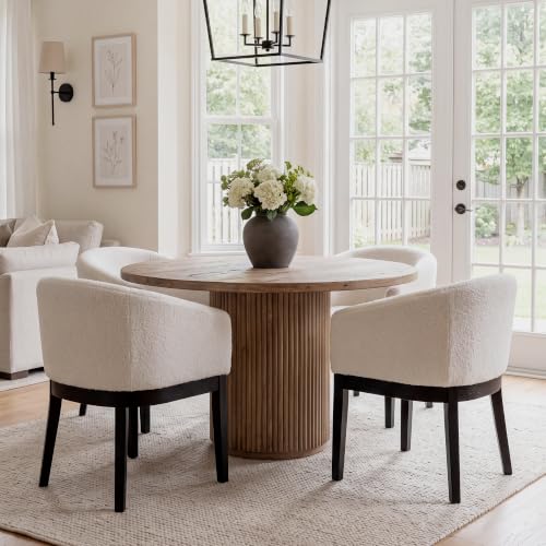 Image of HNY Barrel Dining Chairs Set of 4, Mid Century Modern Upholstered Dining Chairs with Arms, Sherpa Boucle Kitchen & Dining Room Chairs, Solid Wood Frame Accent Chairs for Kitchen, Apartment, White
