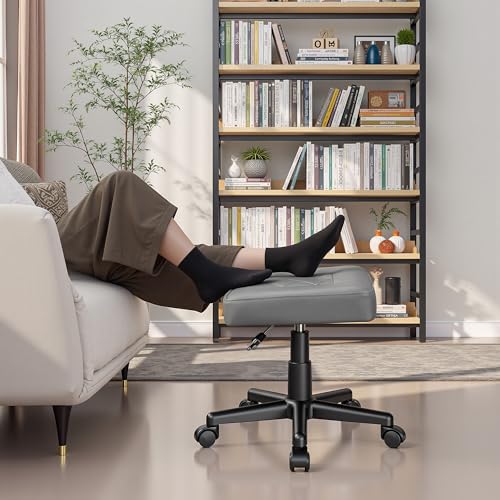 Image of VECELO Under Desk Footrest, PU Ergonomic Foot Rest with Wheels, Comfort Padding, Height Adjustable for Relieving Leg Pain, Stiffness, and etc, Gray