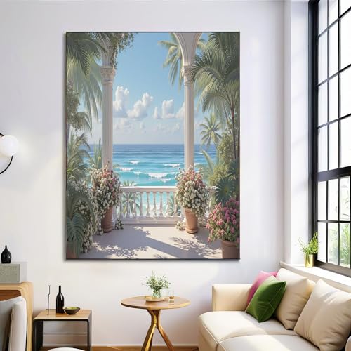 Affiches moderne chambre déco azuré toile peinture à balcon vue sur la mer