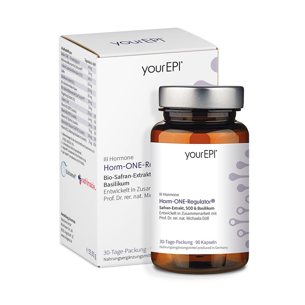 NatuGena Horm-ONE-Regulator, Safran-Extrakt, SOD & Basilikum, Jod, B-Vitamine (B2, B6, B7, B9, B12), Pflanzenextrakte, 90 Kapseln (30 Tage Packung)