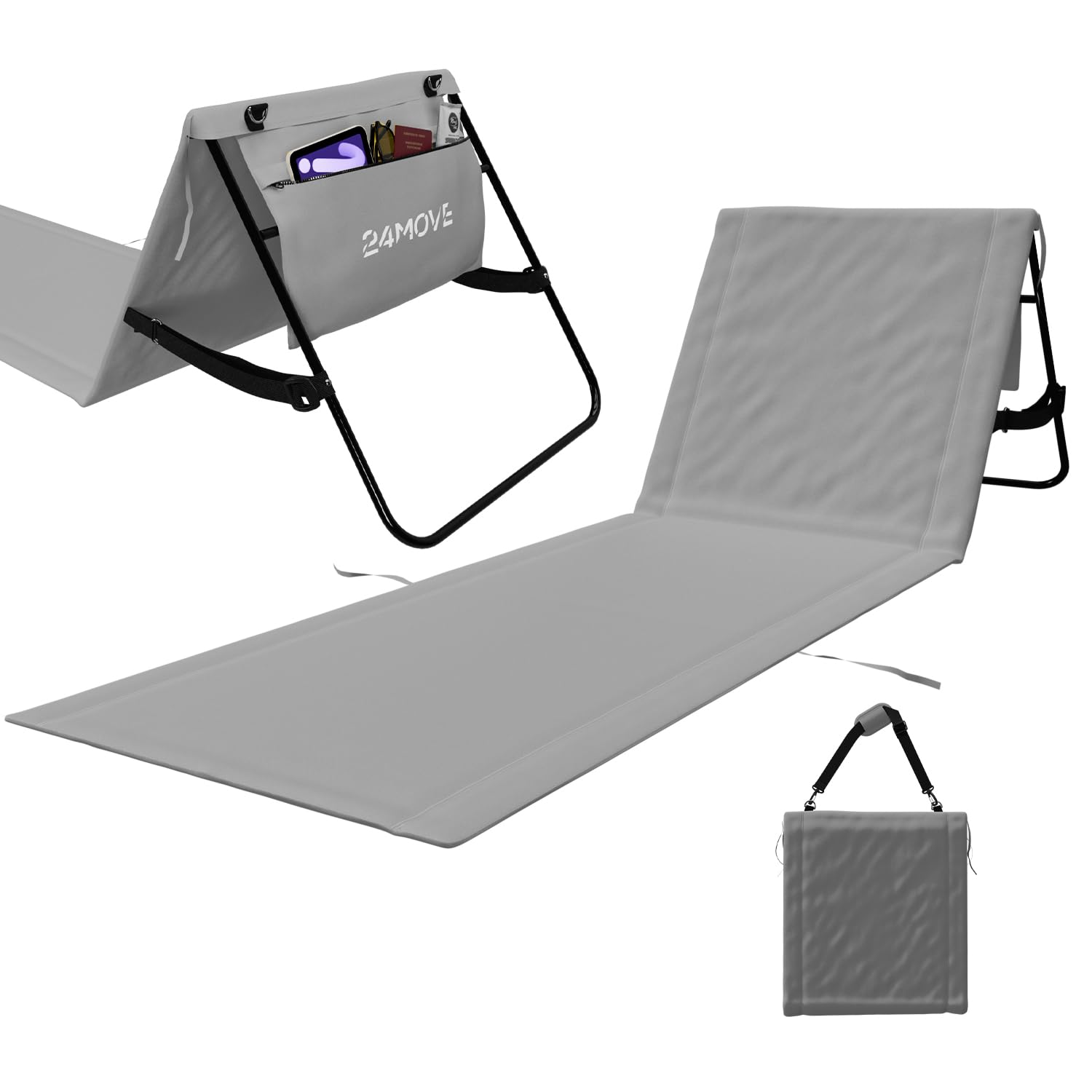 24MOVE® Strandmatte Set klappbar mit Verstellbarer Rückenlehne, Strandliege faltbar mit Schlaufen, Aufbewahrungstasche, Sonnenliege für Strand Garten, versch. Farben