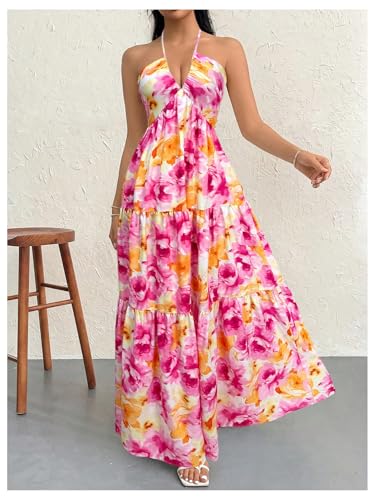 Image of SHENHE Women's Deep V Neck Tie Knot Backless Halter Dress A Line Flowy Ruffle Maxi Dress