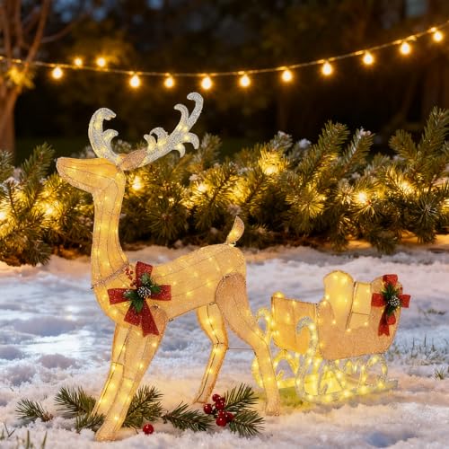 GYMAX LED Rentier mit Schlitten, beleuchtete Weihnachtsrentier mit 100...