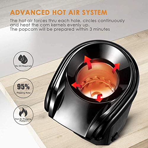Hot Air Popcorn Popper, AICOK 1200W Fast Popcorn Maker with Measuring Cup, Easy to Clean, Oil-Free & Low-Fat, Black - Thumbnail 2