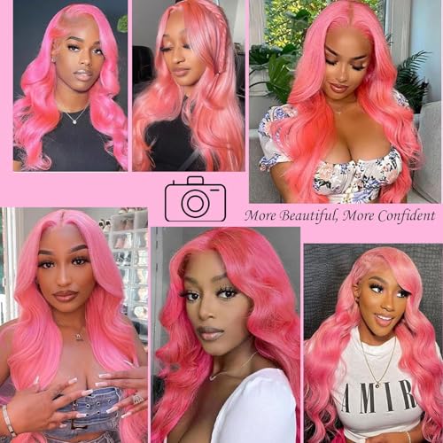 Image of 30 Inch Pink Lace Front Wigs Human Hair 13x4 HD Transparent Body Wave Human Hair Lace Front Wigs for Women 180 Density Pre Plucked Lace Frontal Wig with Baby Hair