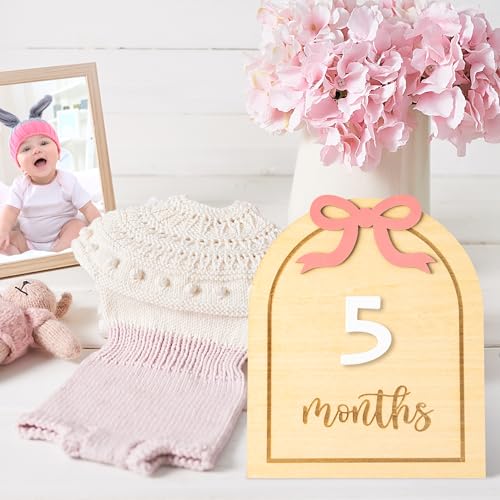 image for R HORSE Baby Monthly Milestone Cards, 3D Coquette Pink Bow Wooden Mont