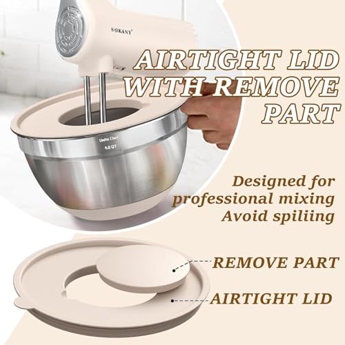 Image of Stainless Steel Mixing Bowls with Lids Set, 3 Grater Attachments, Airtight Lids, Non-Slip Silicone Base Mixing Bowl Set, Large Prep Metal Mixing Bowls for Kitchen, Khaki